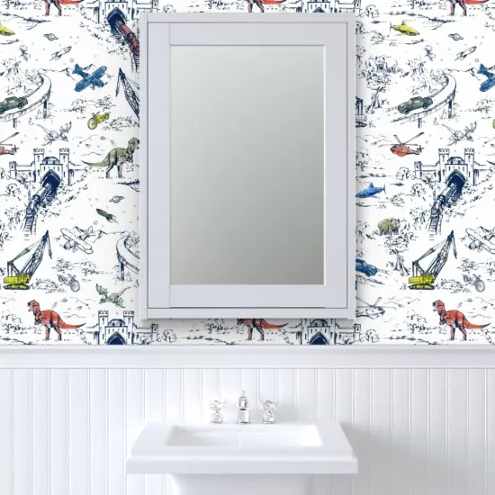 Pre-Pasted Wallpaper 2FT Wide Whimsical Blue White Dinosaur Shark Helicopter Car Space Travel Custom Pre-pasted Wallpaper by Spoonflower {6}