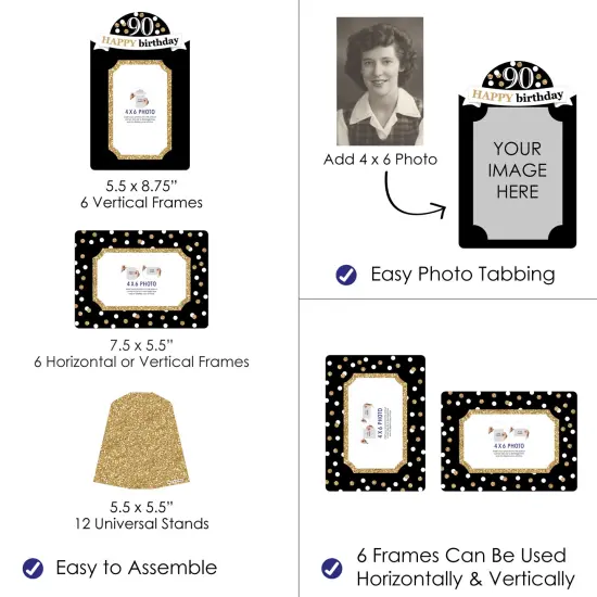Big Dot of Happiness Adult 90th Birthday - Gold - Birthday Party 4x6 Picture Display - Paper Photo Frames - Set of 12 {4}