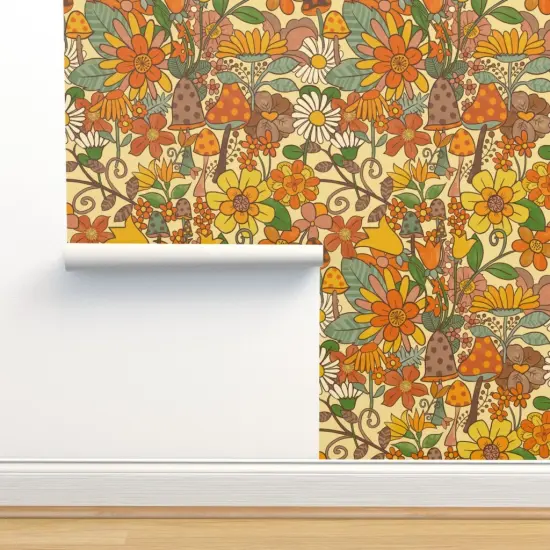 Pre-Pasted Wallpaper 2FT Wide Vintage Hippy Floral Earth Tones mushrooms s Retro 70S 60S Toadstools Vintage Nostalgic Flower Power Custom Pre-pasted Wallpaper by Spoonflower {2}