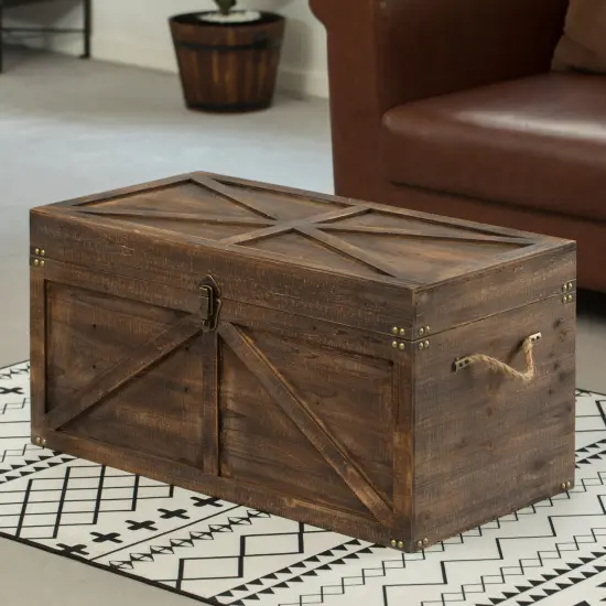 Brown Large Wooden Lockable Trunk Farmhouse Style Rustic Design Lined Storage Chest with Rope Handles {6}