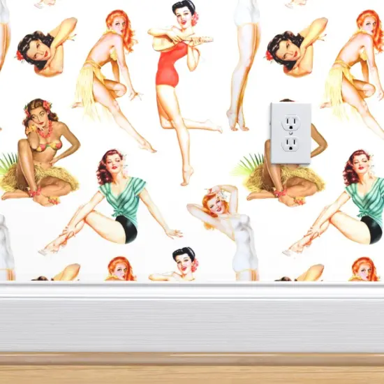 Peel & Stick Wallpaper 2FT Wide Pinup Girls Retro Women Vintage Style Tropical Hawaiian Custom Removable Wallpaper by Spoonflower {5}