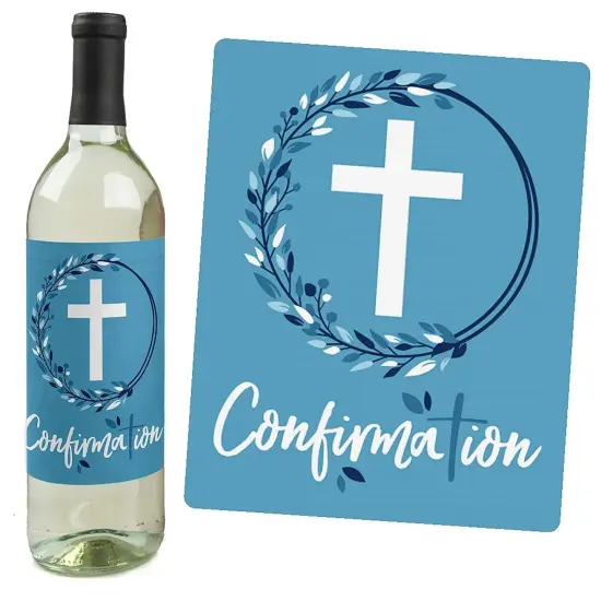 Big Dot of Happiness Confirmation Blue Elegant Cross - Boy Religious Party Decorations for Women and Men - Wine Bottle Label Stickers - Set of 4 {3}