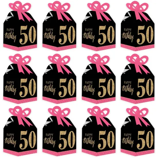 Big Dot of Happiness Chic 50th Birthday - Pink, Black and Gold - Square Favor Gift Boxes - Birthday Party Bow Boxes - Set of 12 {6}