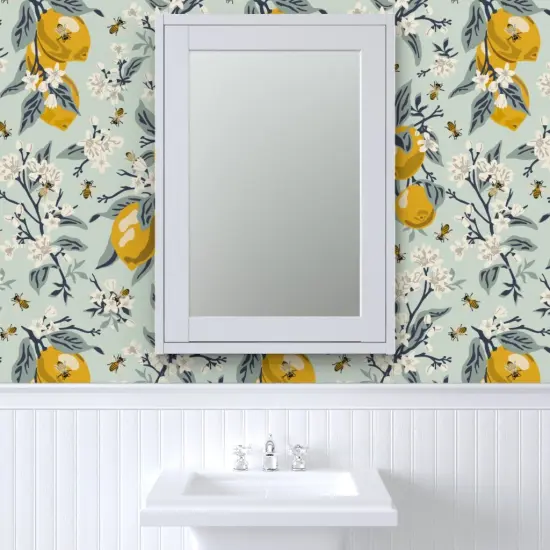 Pre-Pasted Wallpaper 2FT Wide Mint Botanical Farmhouse Citrus Country Floral Rustic Modern Jumbo Scale Custom Pre-pasted Wallpaper by Spoonflower {6}