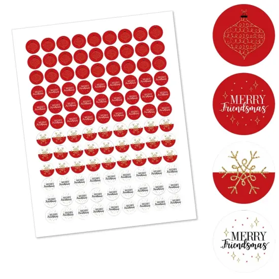 Big Dot of Happiness Red and Gold Friendsmas - Friends Christmas Party Round Candy Sticker Favors - Labels Fits Chocolate Candy (1 Sheet of 108) {3}
