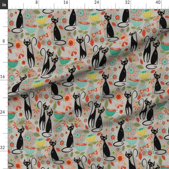 Various Fabrics by the Yard or Fat Quarter 50'S Retro Cats Grey Vintage Feline Kitsch Black Cat Custom Printed Fabric by Spoonflower {1}