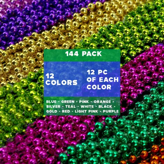 Mardi Gras Beads Necklaces - Assorted Colors Gasparilla Beaded Costume Necklace For Party - 144 Necklaces {2}