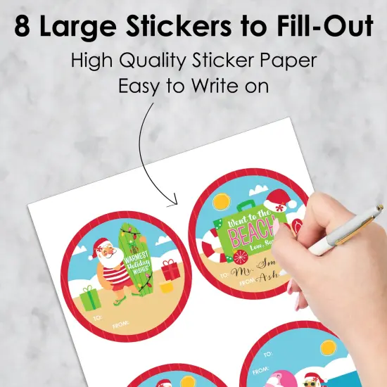 Big Dot of Happiness Tropical Christmas - Round Beach Santa Holiday Party To and From Gift Tags - Large Stickers - Set of 8 {6}