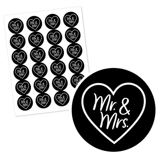 Big Dot of Happiness Mr. and Mrs. - Black and White Wedding or Bridal Shower Circle Sticker Labels - 24 Count {3}