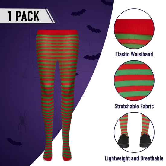 Red and Green Tights - Striped Nylon Christmas Elf Stretch Pantyhose Stocking Accessories for Every Day Attire and Costumes for Teens and Children {3}