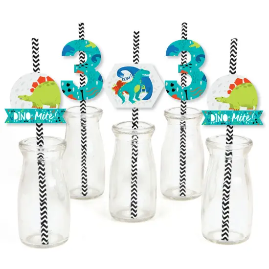Big Dot of Happiness 3rd Birthday Roar Dinosaur - Paper Straw Decor - Three Rex Dino Third Birthday Party Striped Decorative Straws - Set of 24 {1}