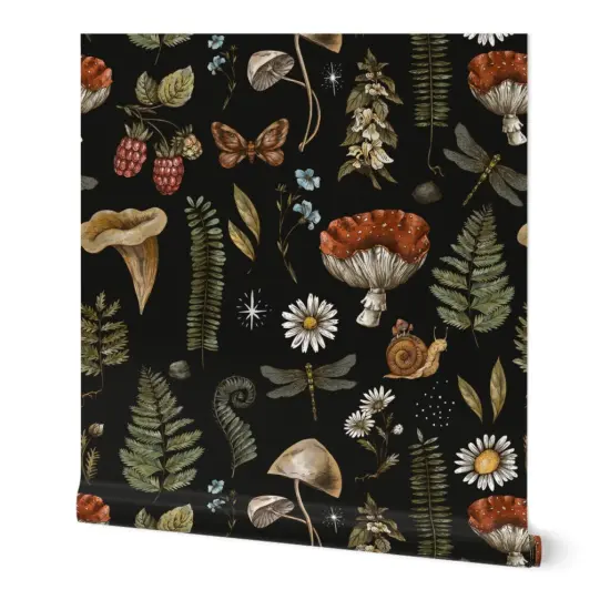 Peel & Stick Wallpaper 2FT Wide Woodland Fern Moth Dragonfly mushrooms Wildflowers Fly Agaric Amanita Witchcraft Nature Forest Custom Removable Wallpaper by Spoonflower {7}