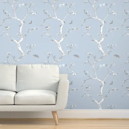 Pre-Pasted Wallpaper 2FT Wide Chinoiserie Large Scale Pastel Blue Victorian Flower Bird Romantic Custom Pre-pasted Wallpaper by Spoonflower {5}