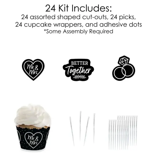 Big Dot of Happiness Mr. and Mrs. - Cupcake Decoration - Black and White Wedding or Bridal Shower Cupcake Wrappers and Treat Picks Kit - Set of 24 {6}