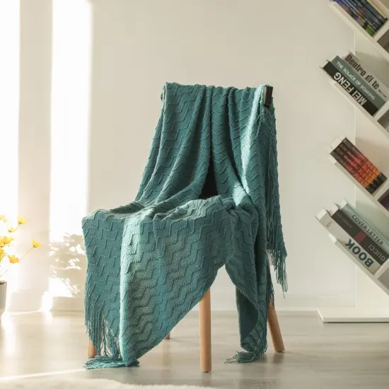 Decorative Throw Blanket - 50x60in Soft Knit with Delightful Fringe Edges for a Sophisticated and Cozy Touch to Your Living Space Lightweight, Breathable, Easy Care, Versatile, All-Season, Ideal for Lounging, Gifting Blue {3}