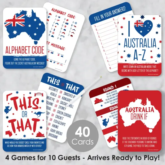Big Dot of Happiness Australia Day - 4 G&rsquo;Day Mate Aussie Party Games - 10 Cards Each - Gamerific Bundle {3}
