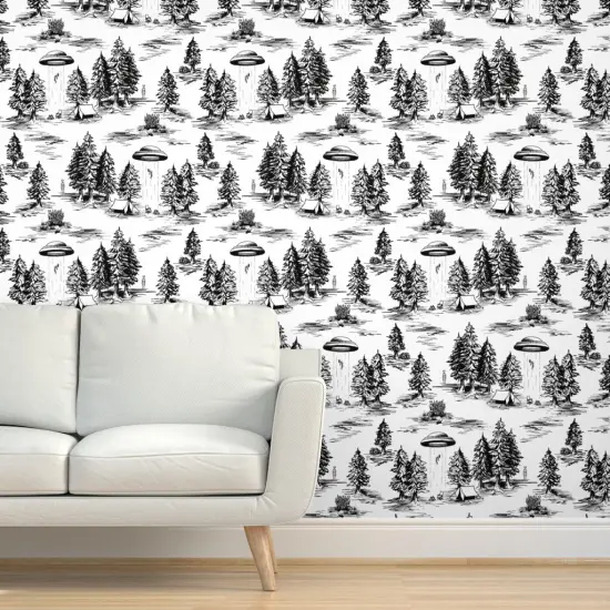 Peel & Stick Wallpaper 2FT Wide Ufo Whimsical Large Scale Black And White Space Alien Custom Removable Wallpaper by Spoonflower {5}