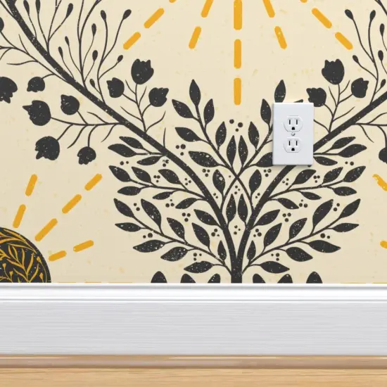 Peel & Stick Wallpaper 2FT Wide Retro Boho Sun Retro Sun Mushroom Organic Mushrooms Sunshine Botanical Ogee Weather Textured Yellow And Black Flowers Custom Removable Wallpaper by Spoonflower {4}