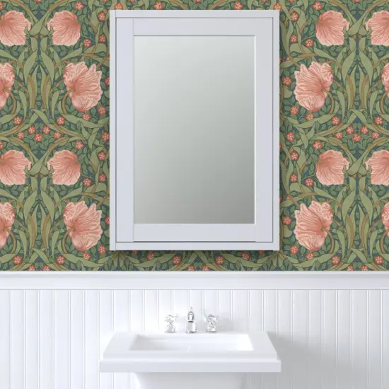 Peel & Stick Wallpaper 2FT Wide Pink Floral Green Botanical Victorian Garden William Morris Vintage Flower Leaves Art Nouveau Large Scale Custom Removable Wallpaper by Spoonflower {6}