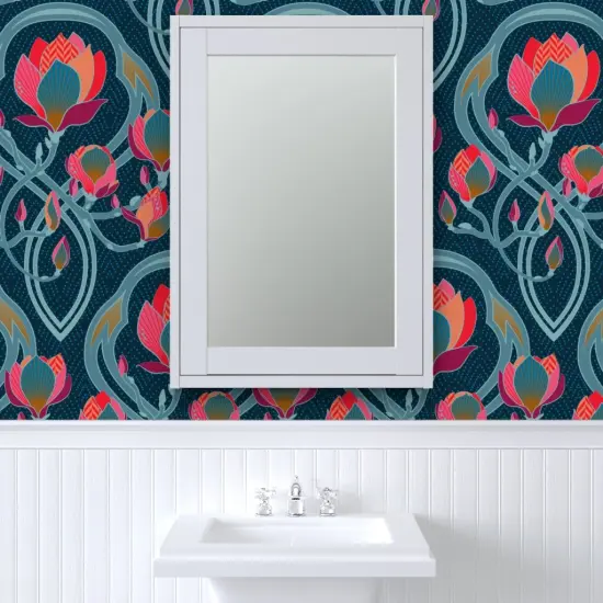 Pre-Pasted Wallpaper 2FT Wide Art Nouveau Floral Magnolia Vintage Inspired Deco Pink Blue Coral Large Scale Flowers Custom Pre-pasted Wallpaper by Spoonflower {6}