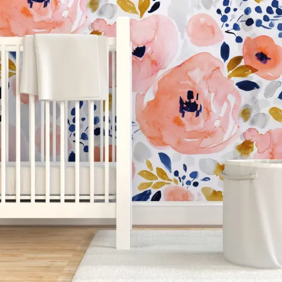 Pre-Pasted Wallpaper 2FT Wide Large Scale Floral Pink Coral Watercolor Bloom Peachy Girls Feminine Bright Custom Pre-pasted Wallpaper by Spoonflower {7}