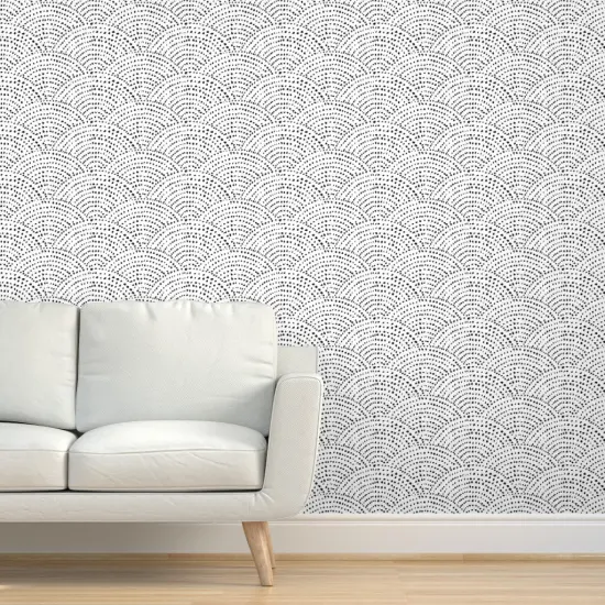 Peel & Stick Wallpaper 2FT Wide Large Ink Dots Scales Monochrome Black White Waves Pattern Geometric Wave Custom Removable Wallpaper by Spoonflower {5}