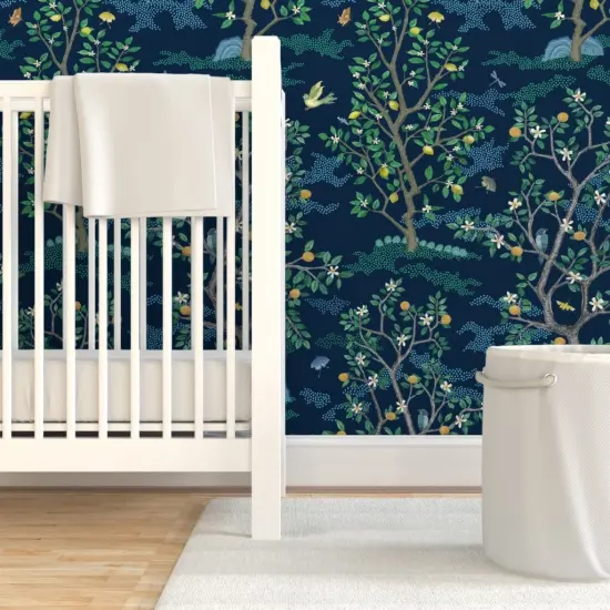 Pre-Pasted Wallpaper 2FT Wide Orchard Toile Green Blue Birds Tree Large Scale Oranges Lemons Toile Chinoiserie Scenic Fruit Citrus Grove Custom Pre-pasted Wallpaper by Spoonflower {7}