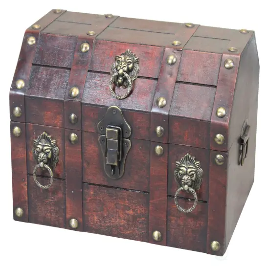 Antique Wooden Pirate Treasure Chest with Lion Rings and Lockable Latch {1}