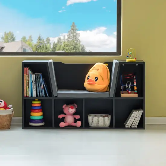 Modern Multi-Purpose Bookshelf with Storage Space and Gray Cushioned Reading Nook Black {3}