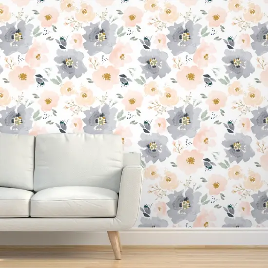 Peel & Stick Wallpaper 2FT Wide Blossoms Navy Bloom Farmhouse Children Custom Removable Wallpaper by Spoonflower {5}