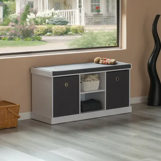 MDF Storage Box Shoe Bench with 2 Shelves, Foldable Baskets and a Gray Cushion, White {2}