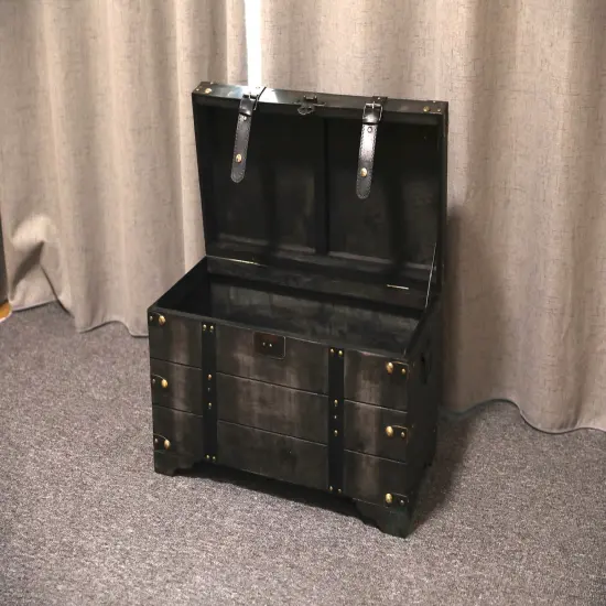 Distressed Black Medium Wooden Storage Trunk {2}