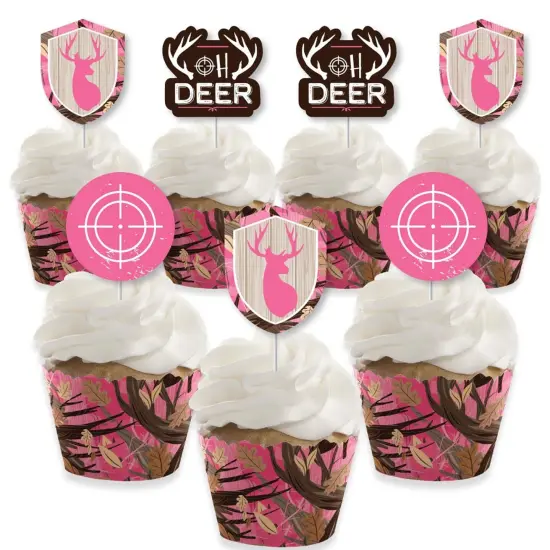 Big Dot of Happiness Pink Gone Hunting - Cupcake Decor - Girl Camo Baby Shower or Birthday Party Cupcake Wrappers & Treat Picks Kit - Set of 24 {1}