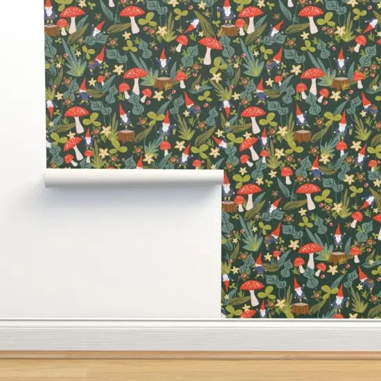 Pre-Pasted Wallpaper 2FT Wide Woodland, Gnomes, Large, Red, Mushroom, Garden, Summer, Floral, Mushrooms Custom Pre-pasted Wallpaper by Spoonflower {2}