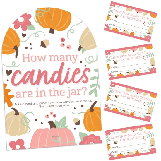 Big Dot of Happiness Girl Little Pumpkin - How Many Candies Fall Birthday Party or Baby Shower Game - 1 Stand and 40 Cards - Candy Guessing Game {1}
