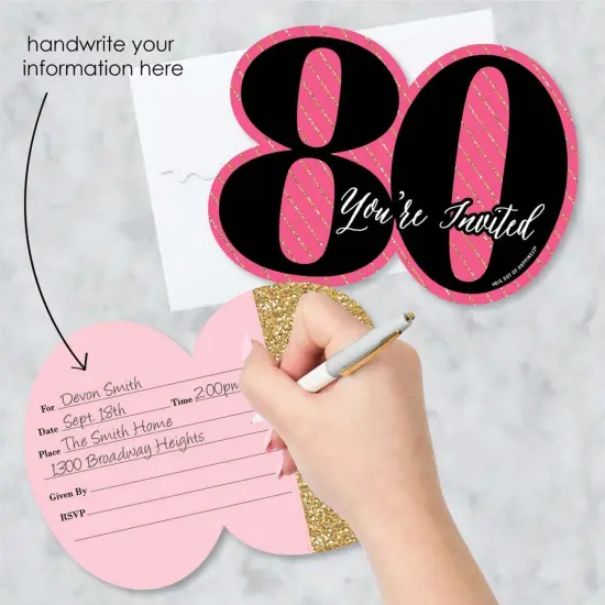 Big Dot of Happiness Chic 80th Birthday - Pink, Black and Gold - Shaped Fill-in Invites - Birthday Party Invitation Cards with Envelopes - Set of 12 {3}