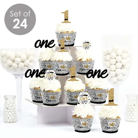Big Dot of Happiness 1st Birthday Little Mr. Onederful - Cupcake Decor - Boy First Birthday Party Cupcake Wrappers and Treat Picks Kit - Set of 24 {3}