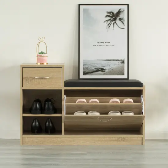 Wooden Entryway Shoe Storage Bench with Cushion Oak {3}