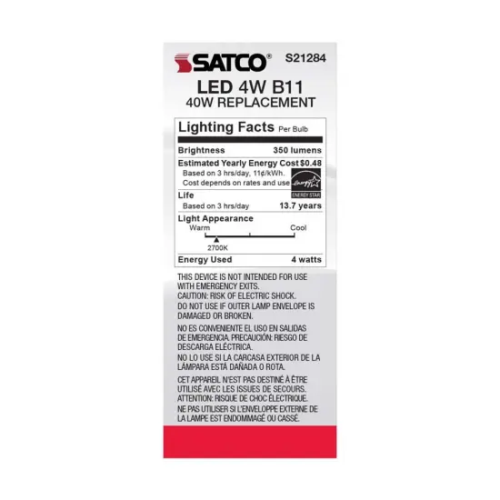 6Pk - Satco 4w B11 LED 2700K Medium Base Dimmable - 40w equiv Warm White {6}