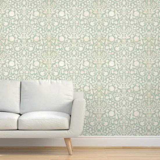 Peel & Stick Wallpaper 2FT Wide Mint Damask Floral Garden Victorian Arts And Crafts French Botanical Green Aqua Gray Custom Removable Wallpaper by Spoonflower {5}