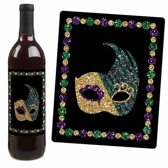 Big Dot of Happiness Mardi Gras - Masquerade Party Decorations for Women and Men - Wine Bottle Label Stickers - Set of 4 {7}