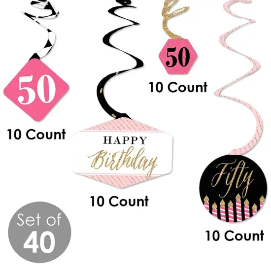 Big Dot of Happiness Chic 50th Birthday - Pink, Black and Gold - Birthday Party Hanging Decor - Party Decoration Swirls - Set of 40 {6}