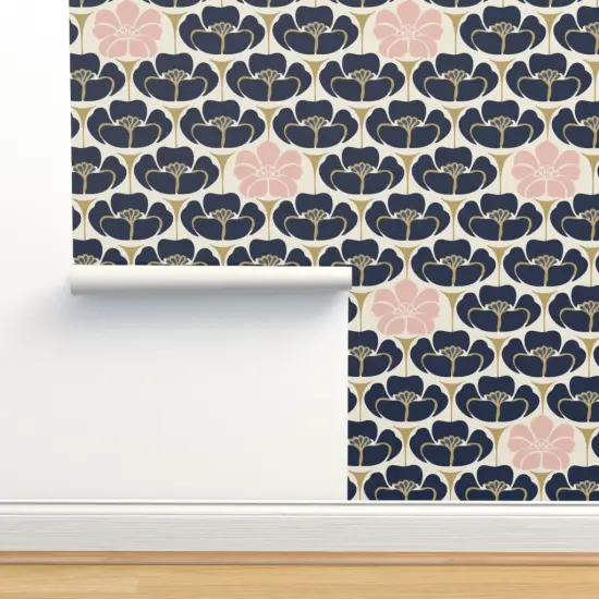 Peel & Stick Wallpaper 2FT Wide Flowers Art Deco 1920S Floral Navy Indigo Gold Blue Dress Fashion Pink Cream Custom Removable Wallpaper by Spoonflower {2}