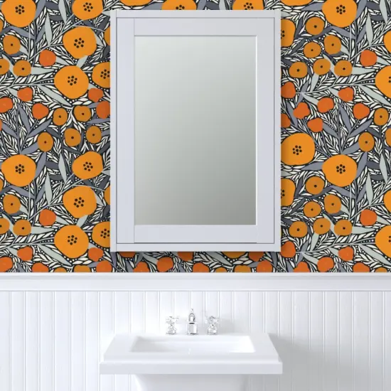 Pre-Pasted Wallpaper 2FT Wide Modern Flowers Nature Botanical Floral Orange Gray Black Mod Custom Pre-pasted Wallpaper by Spoonflower {6}
