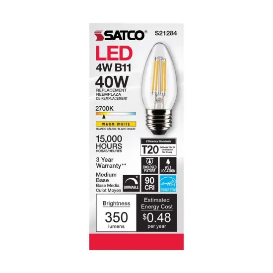 6Pk - Satco 4w B11 LED 2700K Medium Base Dimmable - 40w equiv Warm White {4}