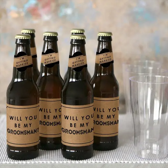 Big Dot of Happiness Kraft Mustache - Will You Be My Groomsman Decorations for Men - 6 Beer Bottle Label Stickers and 1 Carrier {6}