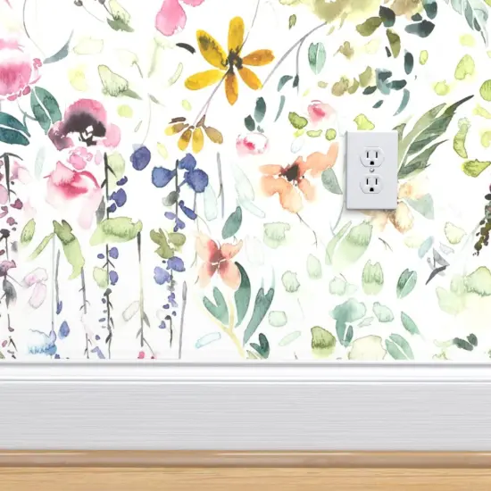 Peel & Stick Wallpaper 2FT Wide Spring Florals Wildflower Pastel Flower Blooms Watercolor Botanical Whimsical Girl Custom Removable Wallpaper by Spoonflower {4}
