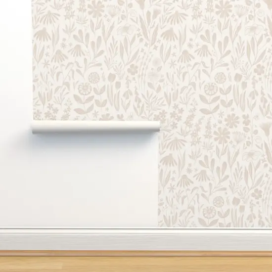 Peel & Stick Wallpaper 2FT Wide Flowers Cream Tan Nude Medium Scale Subtle Floral Wildflowers Botanical Custom Removable Wallpaper by Spoonflower {2}