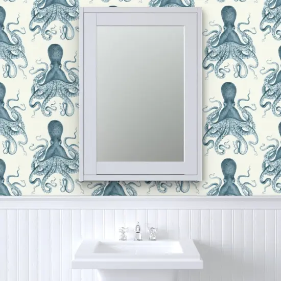 Pre-Pasted Wallpaper 2FT Wide Octopus Sea Coastal Nautical Vintage Beach Summer Animal Custom Pre-pasted Wallpaper by Spoonflower {6}
