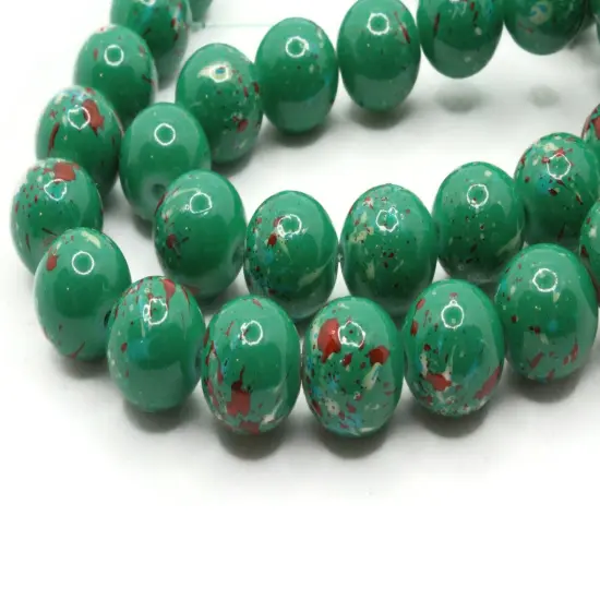 40 10mm Green and Red Splatter Paint Smooth Round Glass Beads {1}